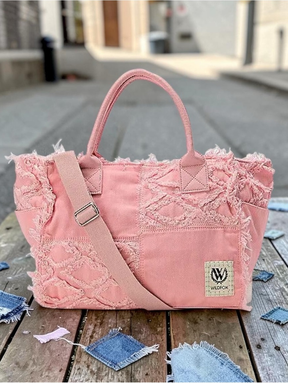 Wildfox Pink Frayed Denim Tote with Detachable Shoulder Strap NWT 🌸 - Picture 1 of 8